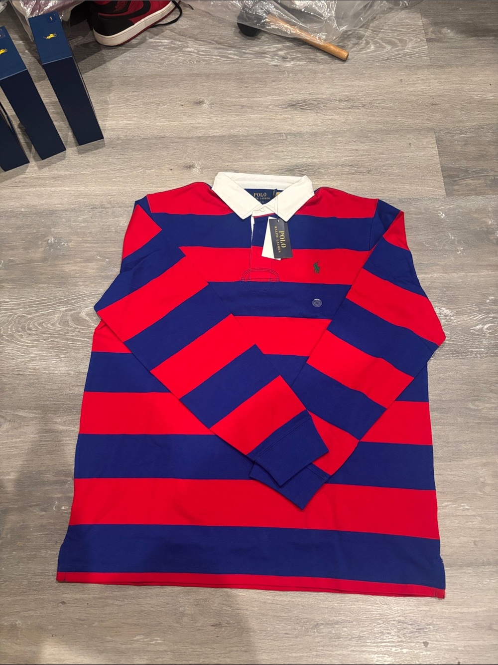 Polo by Ralph Lauren Red & Blue Striped Rugby Polo with White Collar - Picture 2 of 2